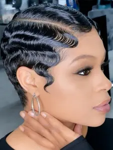 Women's Finger Waves Pixie Human Hair Wig, 13x4 Lace Frontal, Short Cut with Wispy Bangs, 150% Density Curly Wave, Rose Net Cap