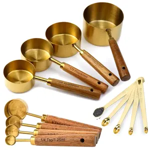 Accurately measured 8 wooden handle measuring stackable cups plus 5 micro spoons, multi-purpose kitchen measuring tool for all your baking needs