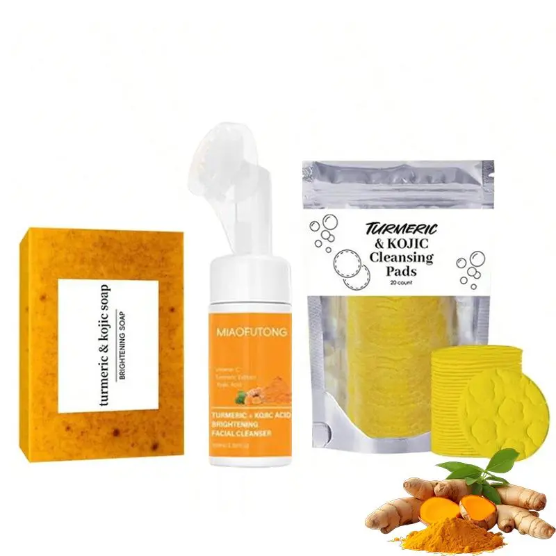 Turmeric Lemon Facial Cleanser 3-Count Multi-Pack - Turmeric Soap, Cleansing Pad, Mousse Cleanser, Deep Cleansing Duo, Hydrating Nourishing Skincare Kit for All Skin Types, Christmas Gift, Turmeric Cleansing Pads