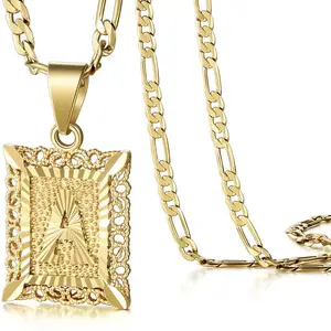 Initial Letter Pendant Necklace for Men & Women, 14K Gold Plated Square Capital Monogram, Alphabet A-Z, Figaro Chain Necklace – Personalized Jewelry Gift for Valentine's Day