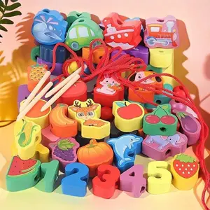[46/51/72] Pcs Wooden Lacing Beads Set, Multi Activity Playset, Colorful Animals Fruits & Alphabet Threading Blocks, Preschool Early Learning Fine Motor Skills STEM Toy, Preschool Learning Tool, Christmas Easter Birthday Gift for Toddler Boys & Girls