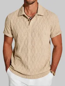 ZAFUL Men's Breathable Lace Wavy Jacquard Textured Polo Collar Half Buttoned Short Sleeves T-shirt Sleeve Button Down Shirt