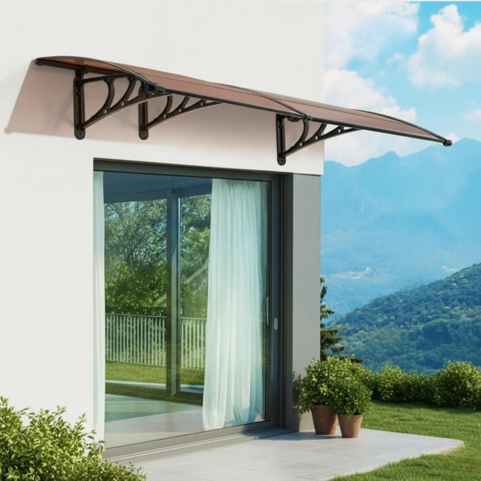 Heavy-Duty Plastic Door Awning with Black Metal Framework - 2-Panel Streamlined Construction, Brown Spliced Exterior Cover, Sturdy Waterproof Home Supplies, Patio Sun Shade for Sun Protection, Awning Door Frames, Entrance