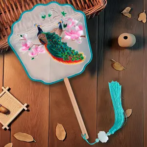 Elegant Double-Sided Hand Fan with Peacock & Cherry Blossom Embroidery - Long Handle Vintage Accessory for Women, Dance Performances, Festivals, Weddings - Lightweight Decorative Fan (No Battery/Electricity) - Cultural Artistry Gift