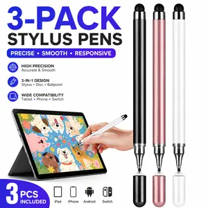3-Pack 3-in-1 Stylus Pens with Ballpoint Pen & Disc Tip, High-Precision Touchscreen Stylus for Tablets, Smartphones, Switch & More, Compatible with Capacitive Screens, No Bluetooth Required, Ideal Gift for Students, Seniors & Family