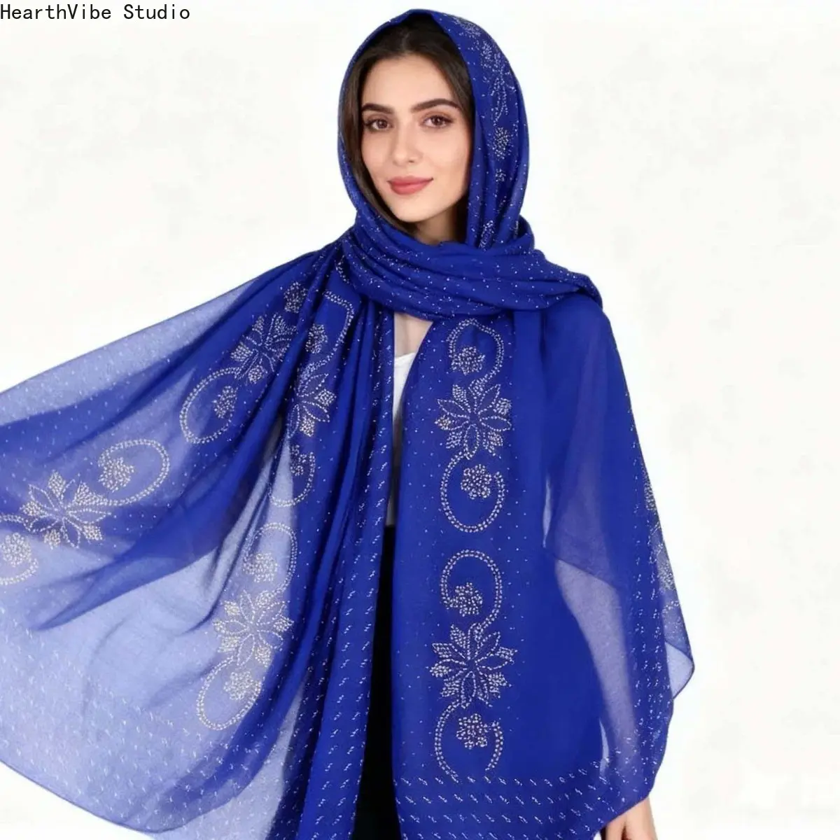 Luxury Royal Blue Chiffon Hijab with Sparkling Rhinestone Floral - Starry Glitter Headscarf, Premium Soft Muslim Women Shawl for Eid, Wedding & Party Evening Look