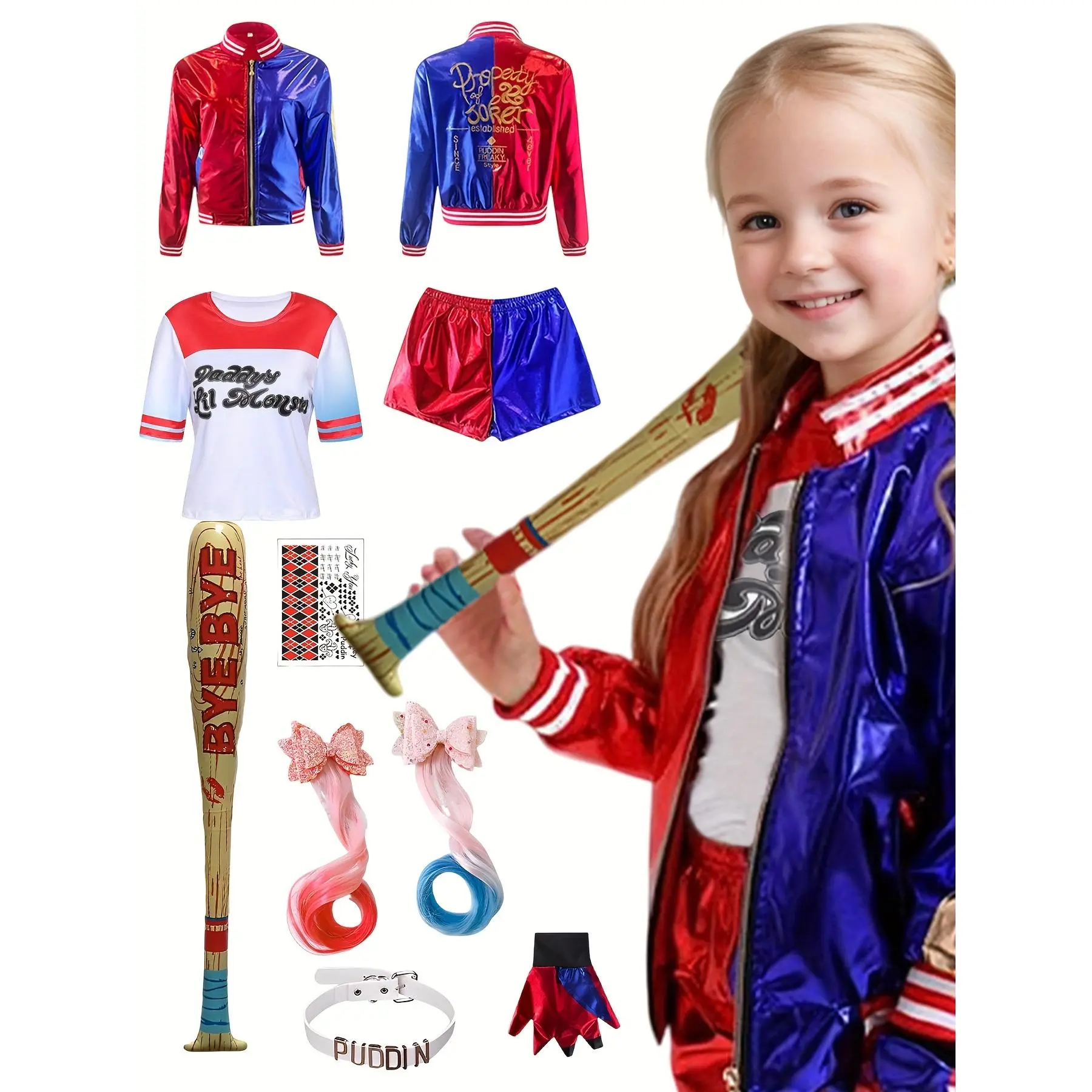 9pcs Joker Costume Halloween for Cool Girls Jacket Shorts T-Shirt Easy to Wear Kids Cosplay Deluxe Blue Red Suit Movie Outfit