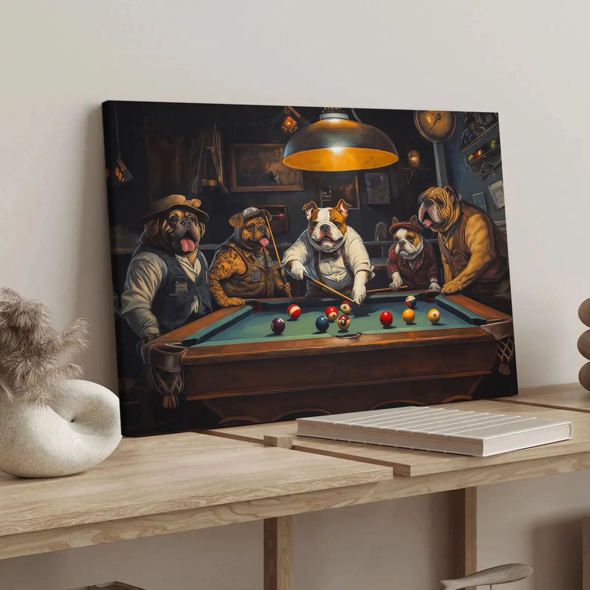 1 Count wood frame canvas, Dog Friends Billiards poster, funny animal print, stylish family poster, Bedroom mural, modern art Deco, exquisite hallway wall decoration, Wooden Wall Art, Ideal gift, waterproof, print, Canvas Prints