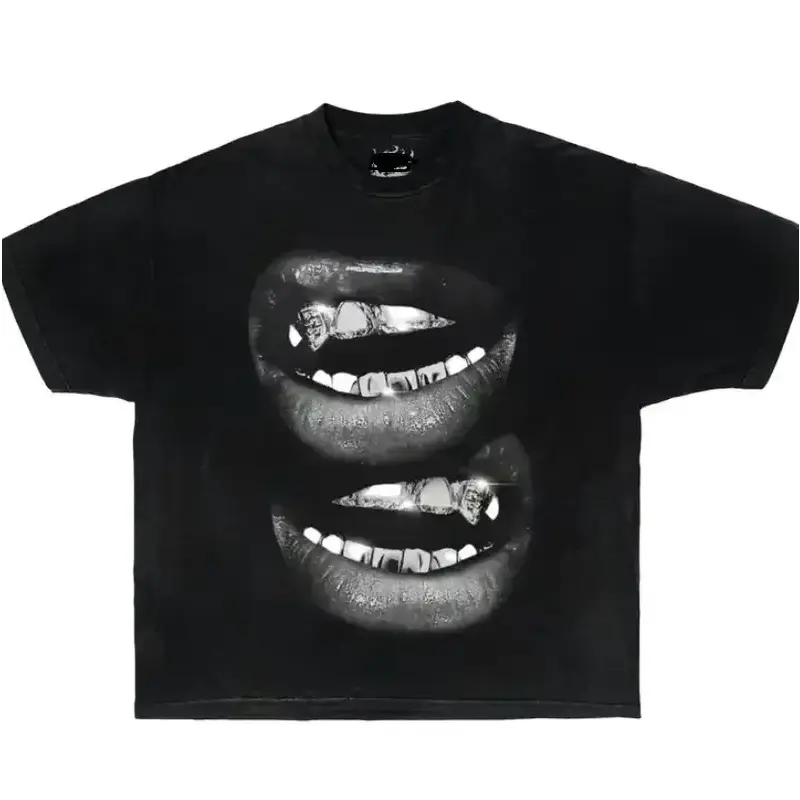 Grin Fang Mouth Garment-Dyed Boxy Shirt Cotton Oversized Streetwear Unisex Crewneck Graphic Summer Loose Casual Top Vintage Retro Graphic Tee Aesthetic Harajuku Grunge Acid Wash Punk Gothic