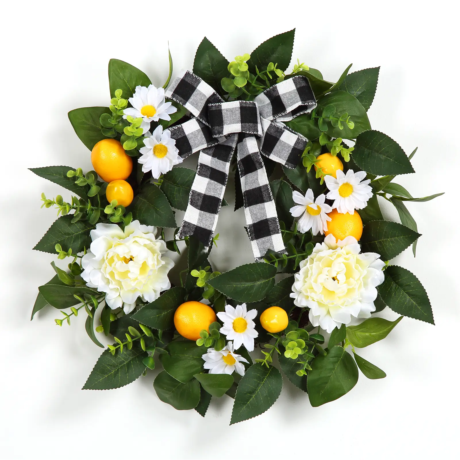 20in Farmhouse Lemon Wreath - Artificial Silk Lemons, Colorful Peony, Daisy Flowers on Grapevine - Spring/Summer Floral Decoration for Front Door, Home - Indoor-Outdoor Festive Home Supply