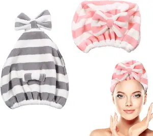 2PCS Hair Towel Cap,Rapid Drying Towel For Hair,Soft Absorbent Hair Drying Towel Turban,Cute Gray Pink Bow Hair Towel Wrap,Hair Drying Towels For Women Fast Dry