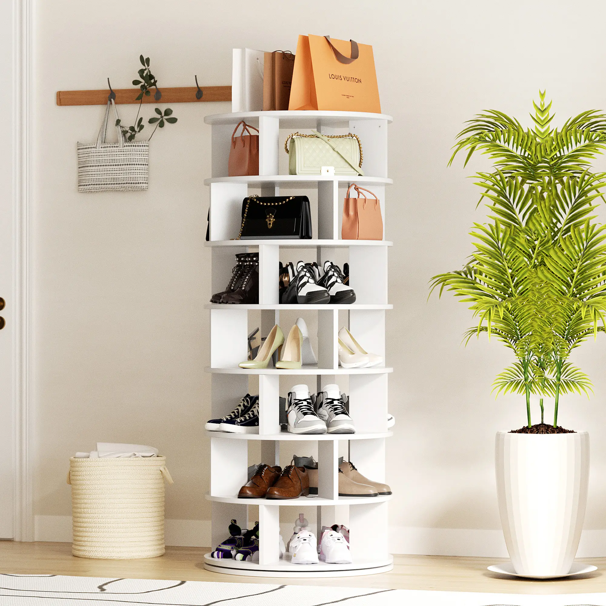 7-Tier MDF Wood Heavy-Duty Shoe Rack - 360° Rotatable, 28-Lattice Compact Organizer for Closet Storage, Wardrobe Dorm Room Use, Versatile Aesthetic Shoe Organization Solution, Round