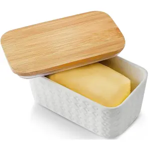 Hasense Butter Dish with Lid for Countertop - Farmhouse Ceramic Butter Container Holder with Cover for Fridge,Silicone Sealing,Embossed Pattern,Holds Two Sticks of Butter