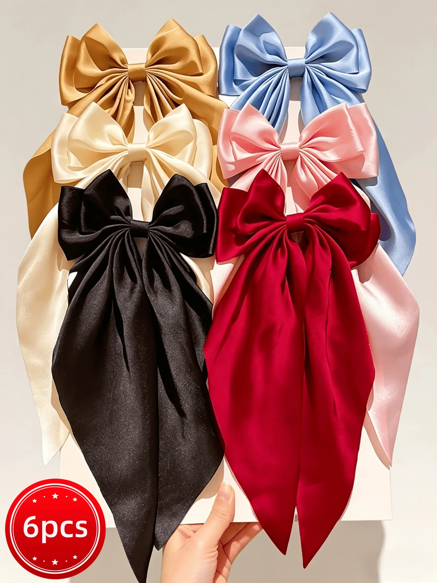 6pcs/sets-Women's Satin Bow Hair Clip - Silky Long Tail Bow Barrette, Ponytail Hair Bow, Hair Clips For Styling, Daily Hairstyles, Weddings, Parties, Romantic Outfit, Hair Style Accessory, Hair Accessories