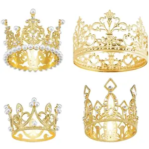 Crown Shaped Cake Topper, 4 Counts/set Golden Faux Pearl Decorated Crown for Wedding Bridal Shower Birthday, Cake Supplies, Baking Supplies, Summer Gifts