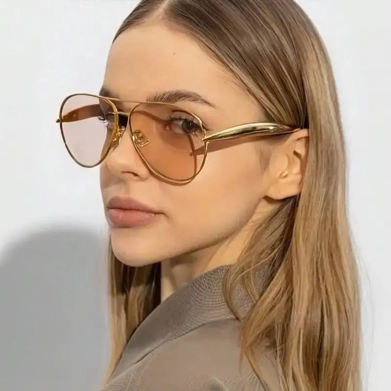 Women's Minimalist Slim Metal Aviator Sunglasses - UV Protection Soft Peach Orange Tint Lenses, Thin Curved Temples, Casual Aesthetic No-Pressure All-Day Wear Elegant Outdoor Eyewear, Uv Protection Lens, Zero Pressure Even After All-Day Long Wear