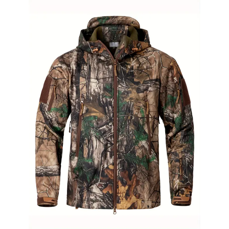 1pc Men'S Tactical Camouflage Hunting Jacket - Water-Resistant, Warm Fleece-Lined, Soft Shell Outdoor Hoodie Coat with Pockets, Zippered, Regular Fit, Polyester & Spandex, Winter Sports Gear