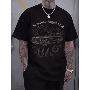 Backroad Engine Club Vintage Station Wagon Graphic Tee Retro Car Sketch Printed Tee Automotive Mechanic Design With Gears Spark Plugs Wagon Vintage Auto Enthusiast Gift Casual Wear Unisex Top Streetwear Style Aesthetic Tee Soft Fabric