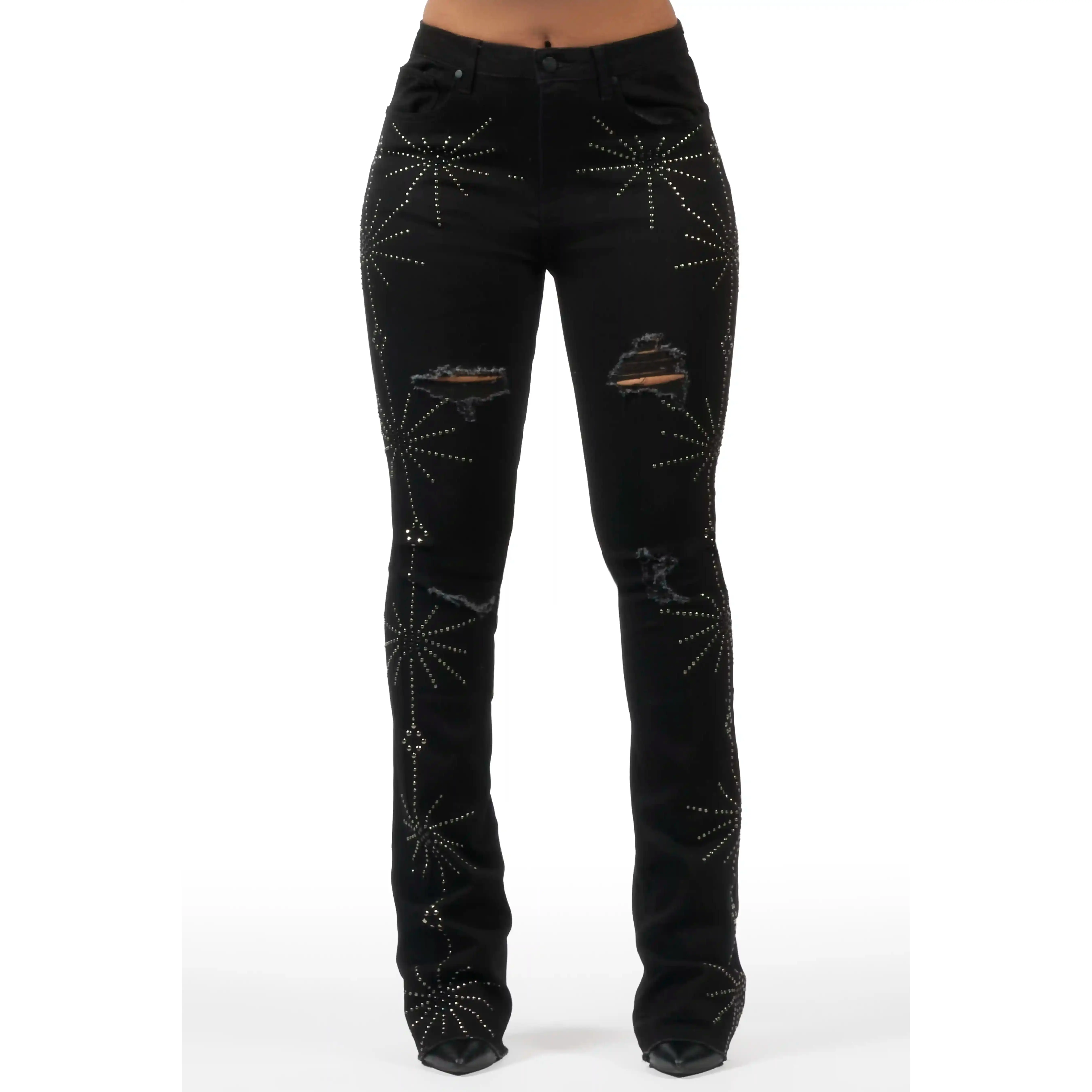 Ikia Black Studded Stacked Flare Jean