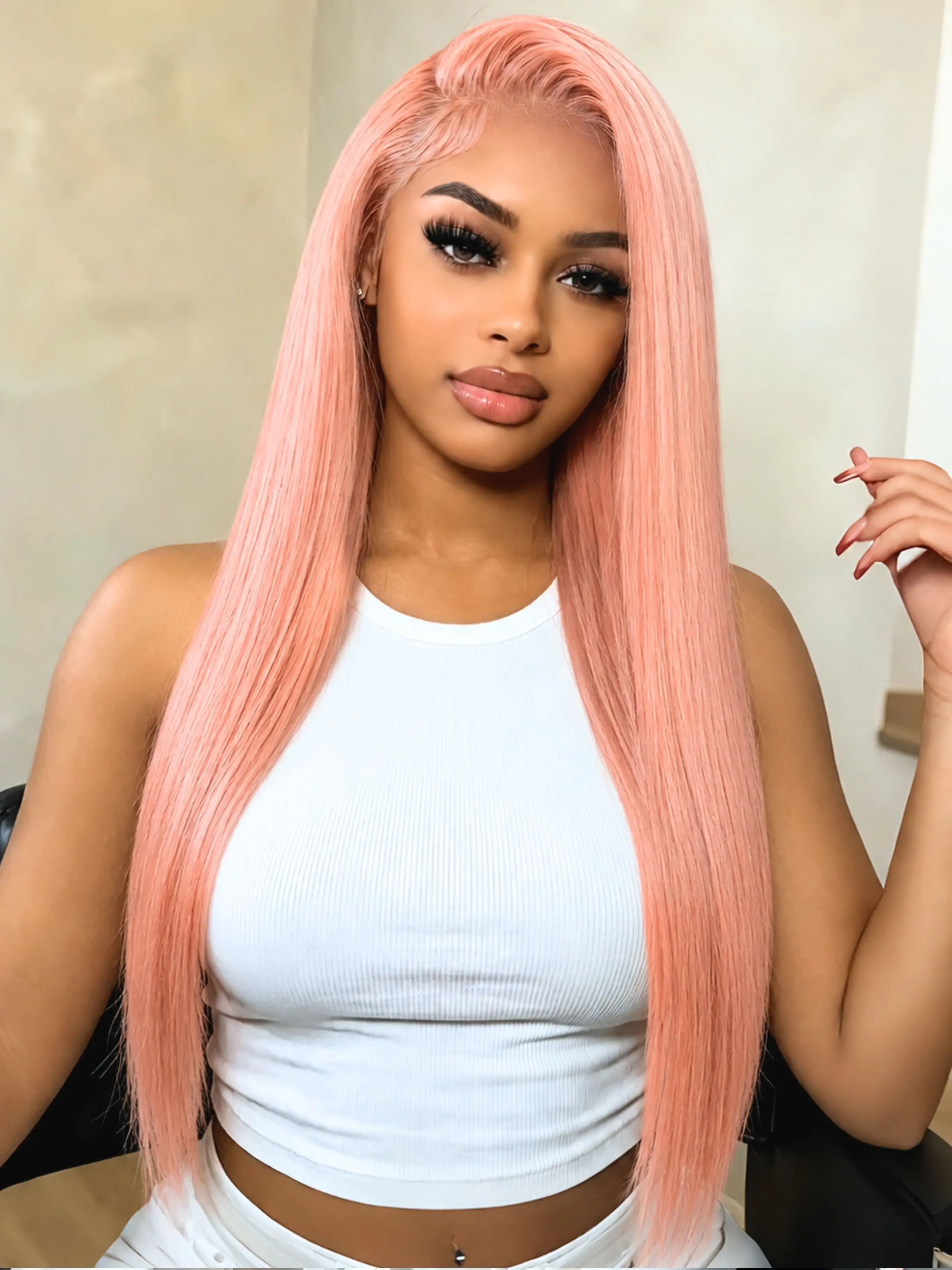 28" Milky Peach Pink Straight Lace Front Wig Soft Glam Heat-Friendly Synthetic Hair 13x4 HD Transparent Lace Pre-Plucked Hairline Free Part for Festival & Daily Wear