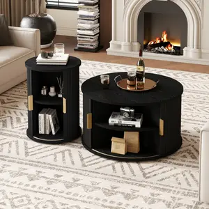 Mid-Century Modern Round Coffee Table Set with Storage, 2-Piece Nesting Tables, Fluted Tambour Door Side Tables with Golden Handles, Perfect for Living Room, Office