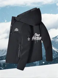 Stay Humble Graffiti Letter Outdoor Flying Jacket, Men's Fall Winter Windproof Hooded Jacket, Casual Slim-Fitting Sport Coat