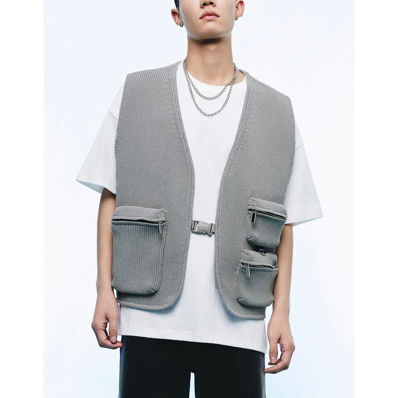 URBAN REVIVO Menswear Men's Oversized Loose-Fit Knitted Utility Waistcoat Jacket - Grey, Casual, Multi-Pocket, Stretchable Fabric Top, UMV940015