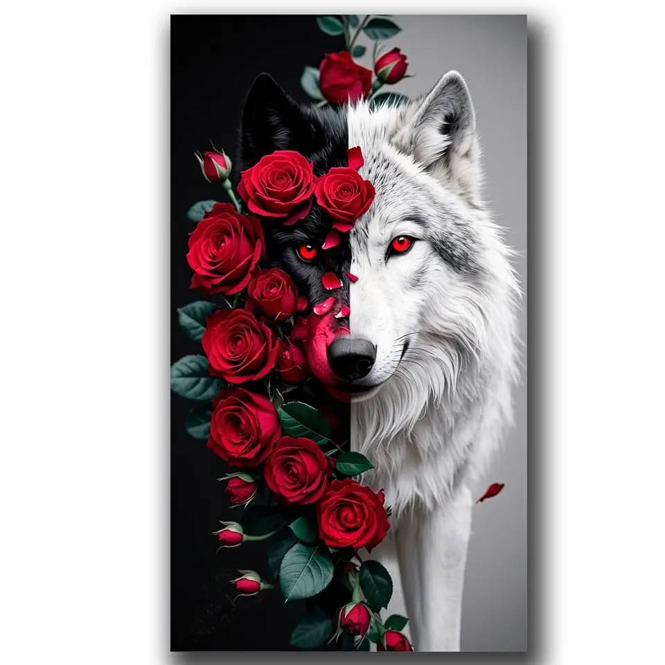 Large Size Rese Wolf Flowers Diamond Painting Kits for Adults, DIY Diamond Art Paintings Kit for Beginners, 5D Full Drill Gem Art Crafts, Handicraft