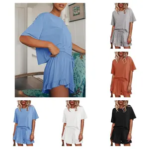 Imily Bela Womens Pajamas Set Lounge Sets Cropped Short Sleeve T Shirts Drawstring Ruffle Shorts Soft Sleepwear