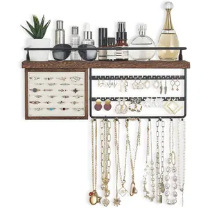Hanging  Organizer Wall Mounted  Organizer Necklace Holder with Rustic  Shelf, Ring Display Box, Ear Studs Earring Holder Bracelet Organizer