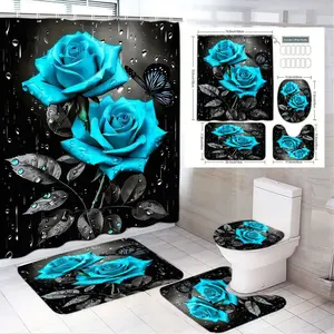 1/4pcs Bathroom Set 4-Piece with Blue Roses & Butterflies Shower Curtain, Rectangular/Oval Mats, Toilet Seat/Lid Covers - Black Background Design, Perfect for Valentine's Day, Mother's Day Decor, Bathroom Decoration Accessories, Shower Curtain Sets