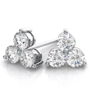 1ct Lab Grown Diamond 3 Stone Studs Womens Earrings 14K White Gold