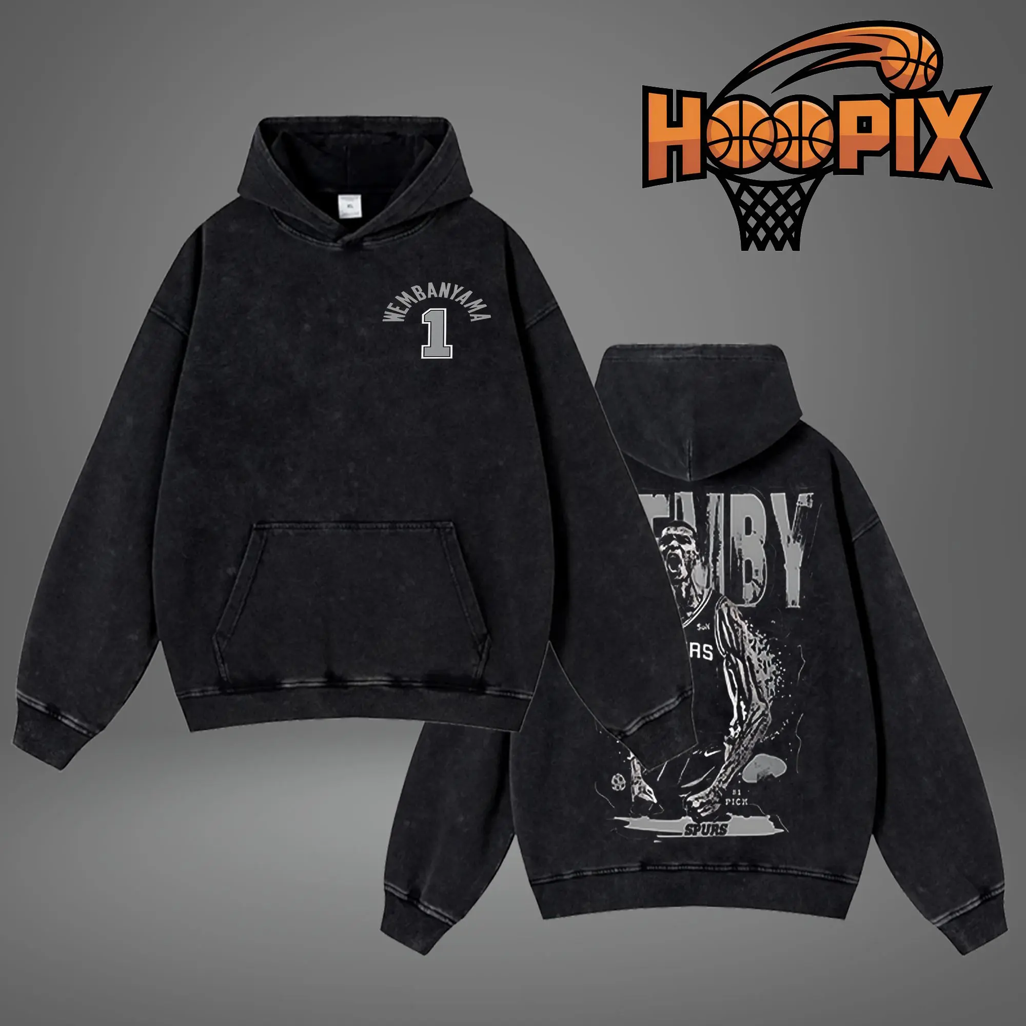 HOOPIX - Victor "Wemby" Wembanyama Premium Acid Washed Cotton Hoodie (Made In USA), Wemby #1 Fans Shirt, Game Day Outfits, Gift For Golden State Basketball Fans, Basketball Graphic Tee Hoodie