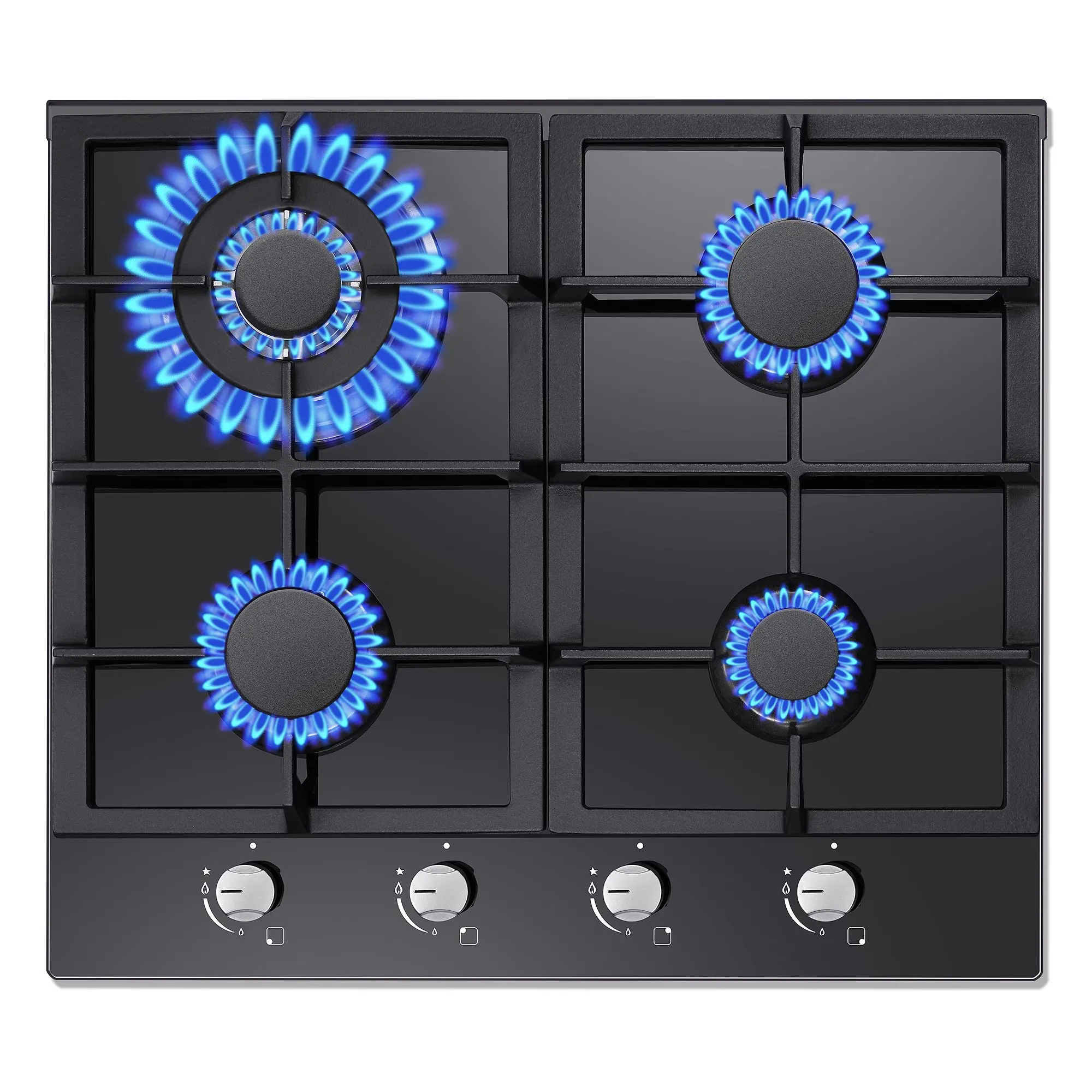 24 in Built-In Black Glass 4-Burner Gas Cooktop (Model GH003-244G) with Gas Hob, Cast Iron Grates, Bakelite Knobs Control, 110V 3-Prong Plug, NG/LPG Conversion Kit, 1/2NPT Elbow Connector, Cut-Out Template Board, Screws & Mounting Brackets Included, 24 In