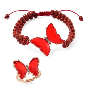 Red Glass, Cubic Zirconia and Red Jasper 49.05 ctw Beaded Butterfly Adjustable Bracelet and Ring Size 6-9 in Goldtone