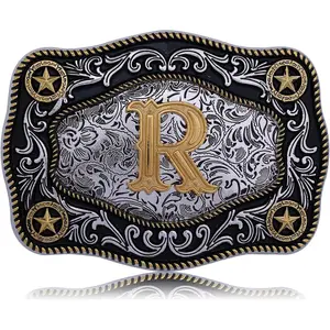 Western Belt Buckle Initial Letters ABCDJMR to Z Large Gold Cowboy Belt Buckle Cowboy Belt Buckles for Men Women