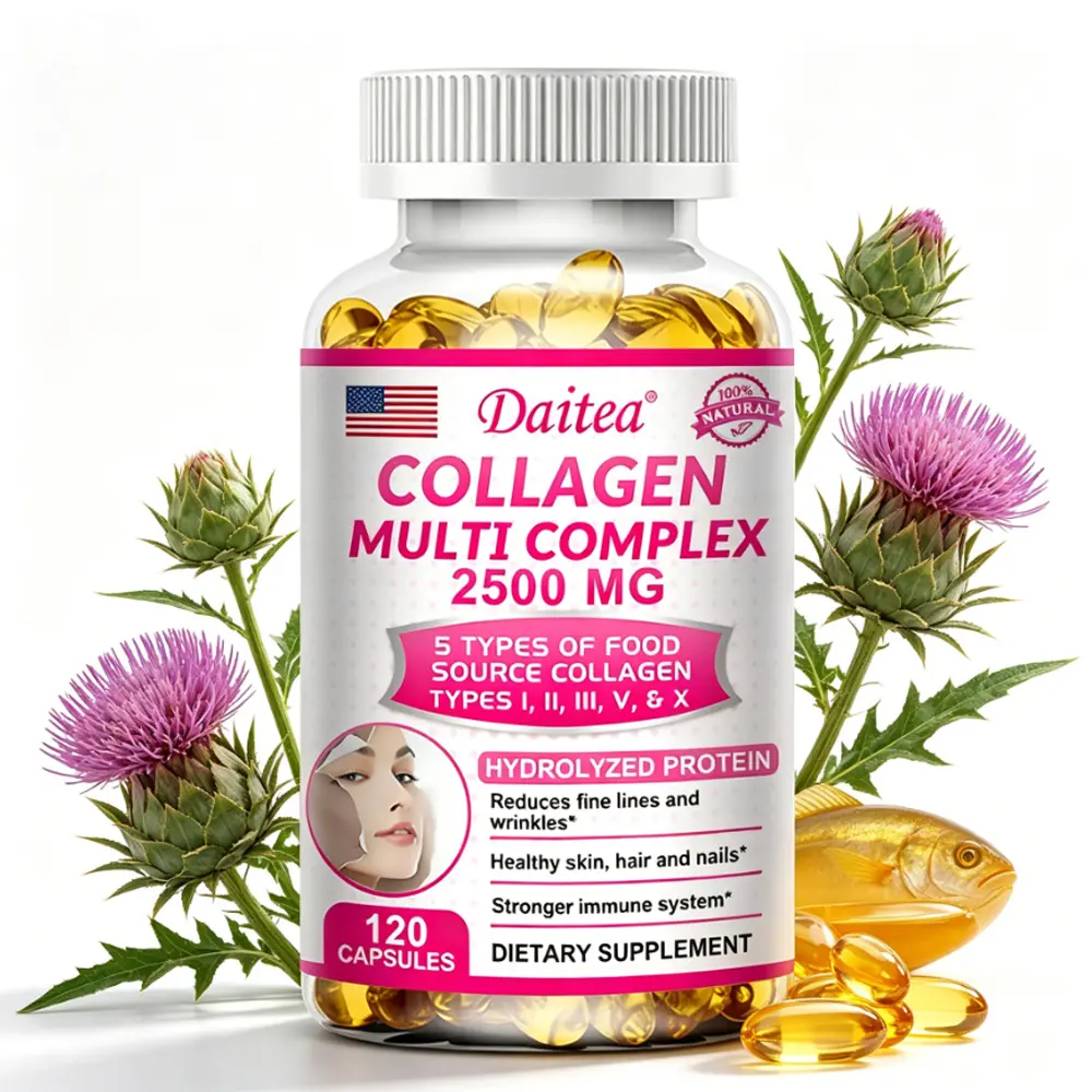 DAITEA Multi Collagen Complex Supplement 2500mg - 5 Types with Biotin, Glutathione, Vitamin C, Natural Beauty & Health Support, Hair Vitamin Capsules, 120 Capsules