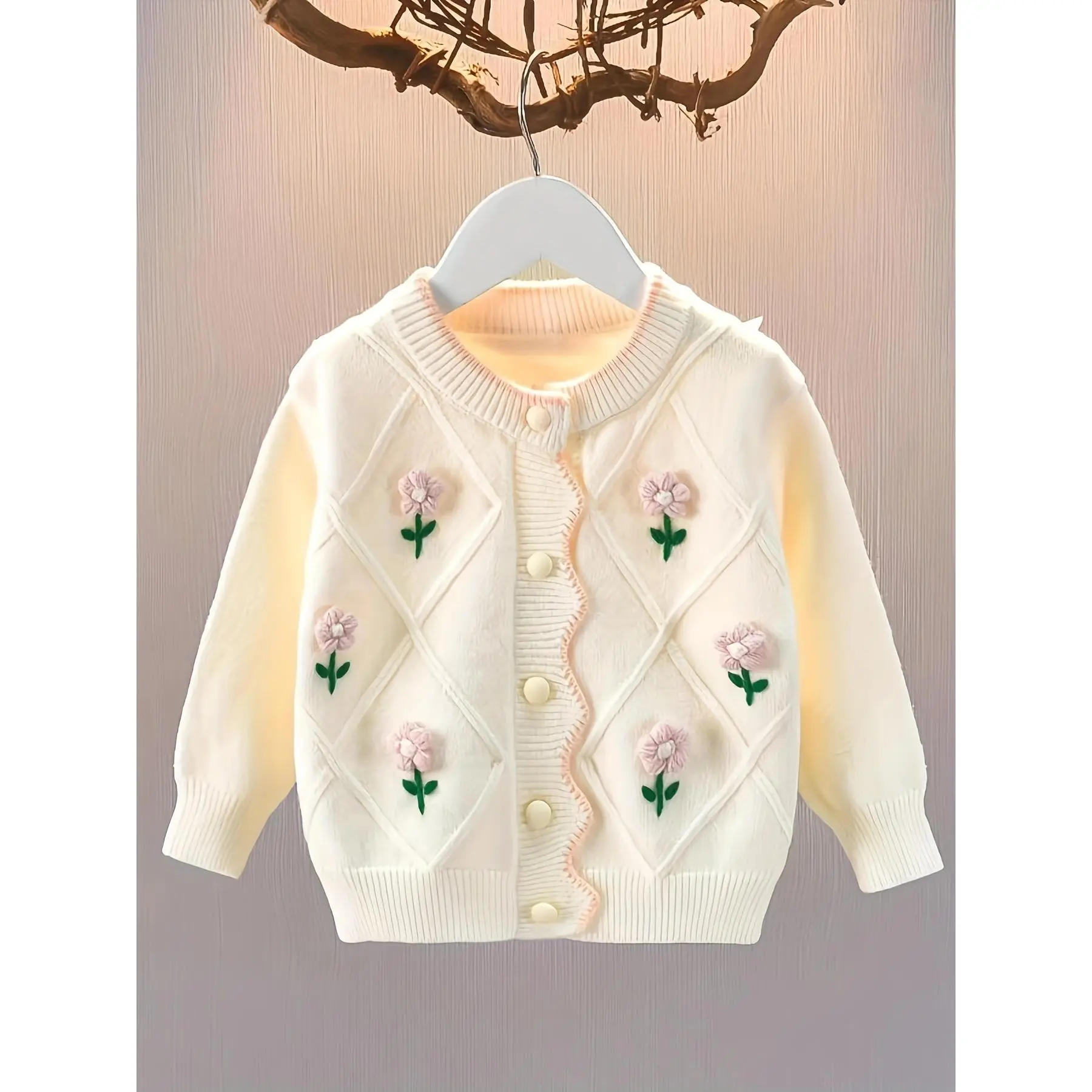 Baby Girl's Knitted Cardigan Sweater - Geometric Pattern Long Sleeve Round Neck Casual Fall Winter Outwear, Hand Wash Only, Baby Girl Sweater, Toddler Floral Cardigan, Knitted Texture, Handwashable Fabric