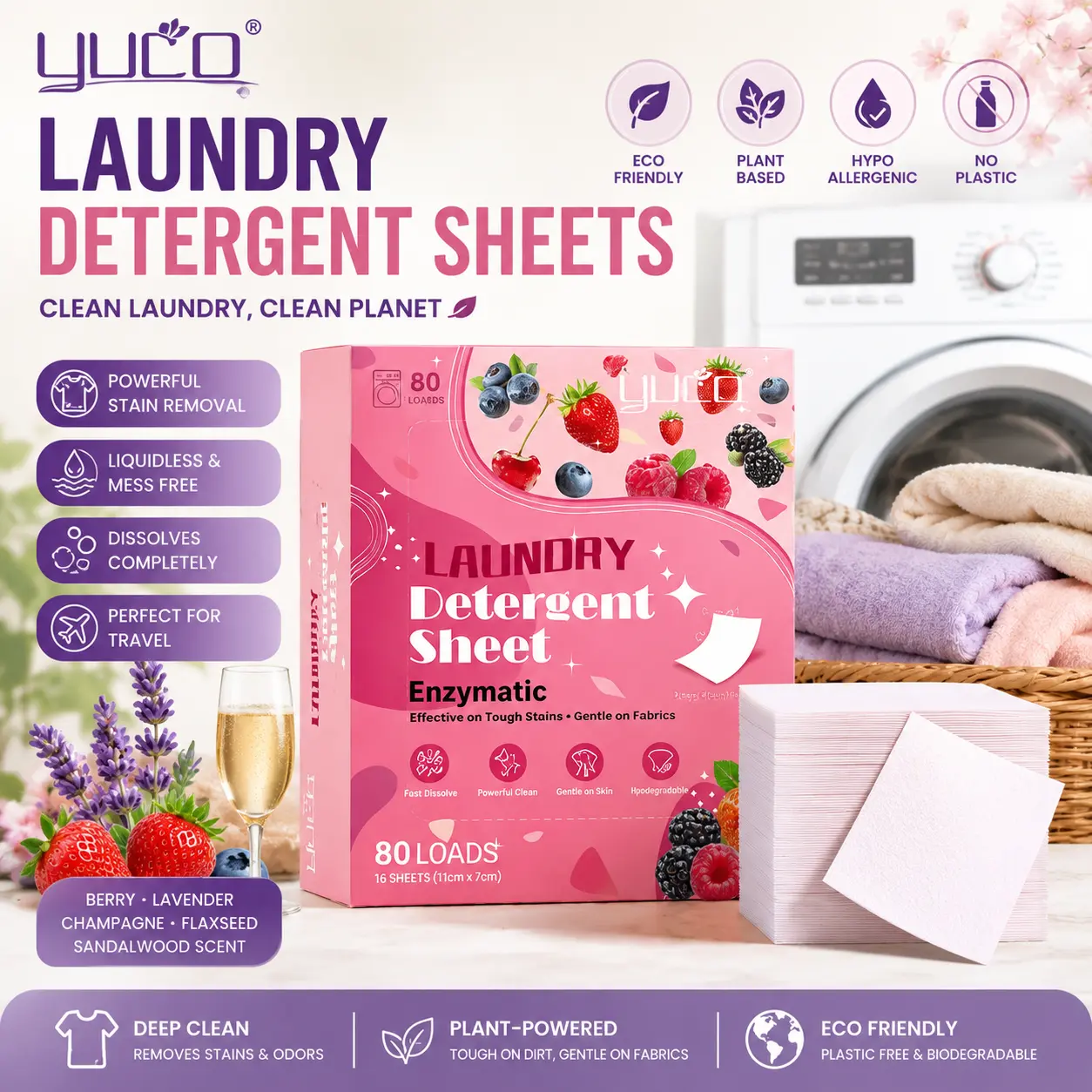 YUCO Laundry Detergent Sheets Berry Lavender Champagne Flaxseed Sandalwood Scent 80 Loads Eco Laundry Soap Washer Sheet, Liquidless Washing Detergent Sheets for Laundry for Travel, Plastic Free, Hypoallergenic Laundrydetergent