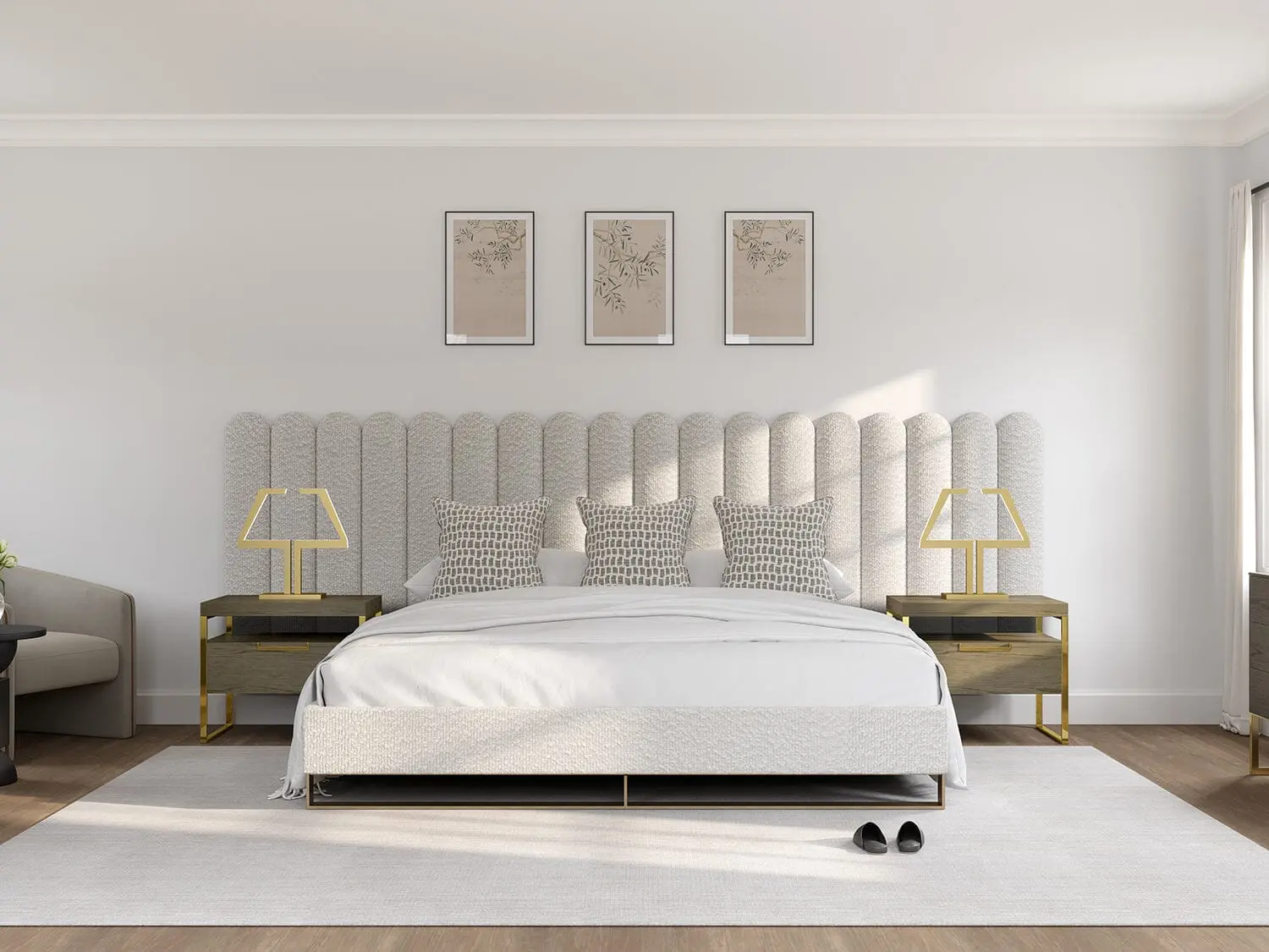 Scalloped Wood King Upholstered Headboard Panels - Bondi Layout, Simple-Mount Wall-Mount, Foam Batting, 18 Panels, 140.4"w x 46"h
