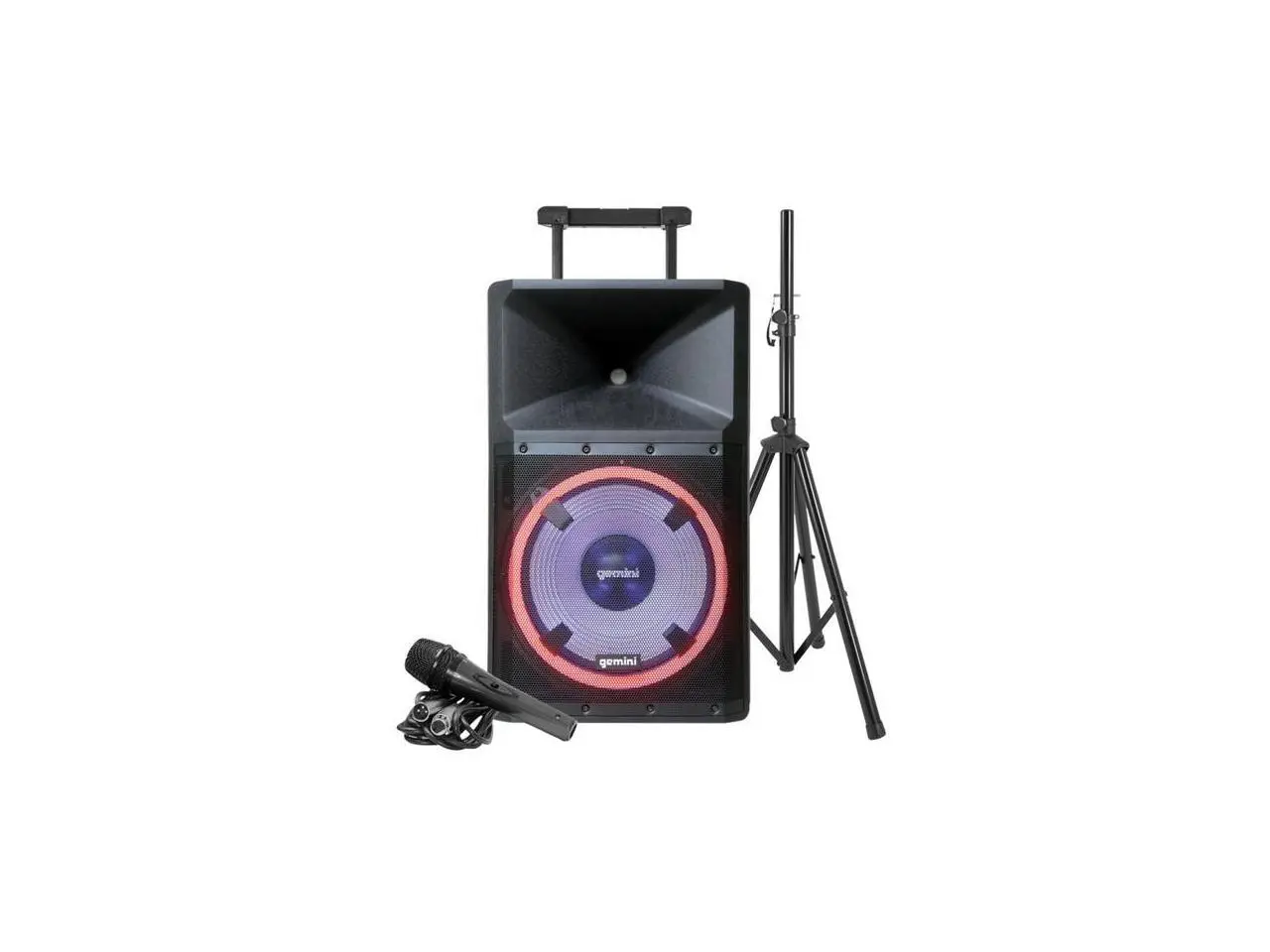 Gemini GSP-L2200PK Unleash the Ultimate 15" Bluetooth Party Speaker with Dynamic LED Lights, Built in Media Player, and Included Microphone and Speaker Stand