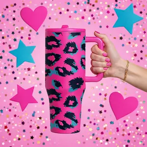 40oz Valentine's Day Leopard Print Insulated Cup, Handle Design, Dual-Layer Vacuum Leak-Proof, Keeps Hot 12 Hours Cold 24 Hours, Leakproof Insulated Tumbler