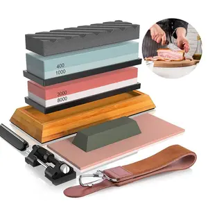 Knife Sharpening Stone Set, Whetstone，Knife Sharpener Stone Set 4 Side Grit 400/1000 3000/8000, Professional Include Non-Slip Bamboo Base, Leather Strop, Flattening Stone & Angle Guide kitchen sharpener angle guide-ZC
