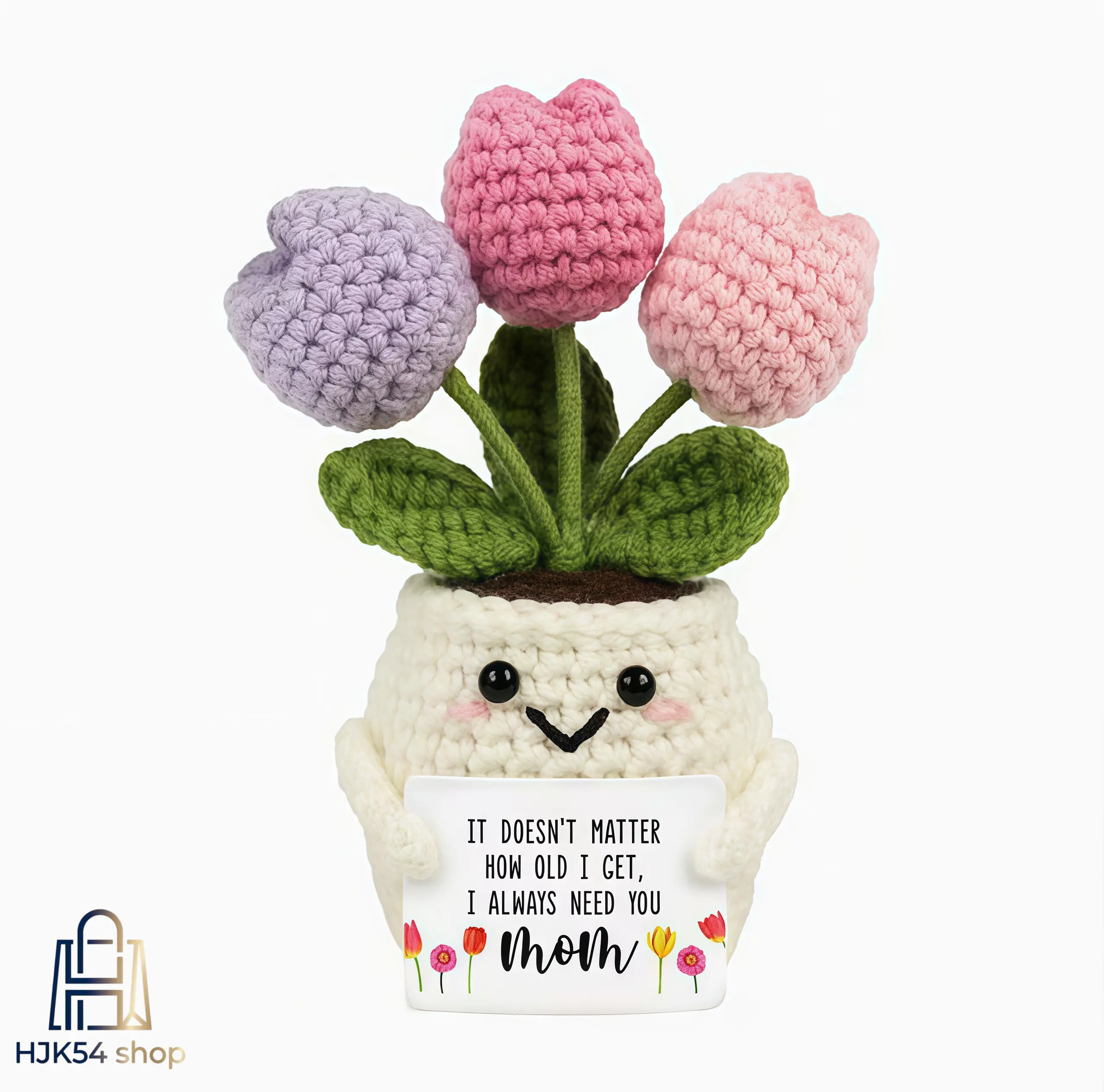 Crochet Plush Toy, Handcrafted Potted Knit Fabric Flower, Positive Affirmation Gift for Mental Health, Emotional Support Desk Decor, Decoration, Inspirational Quote Plush Toy