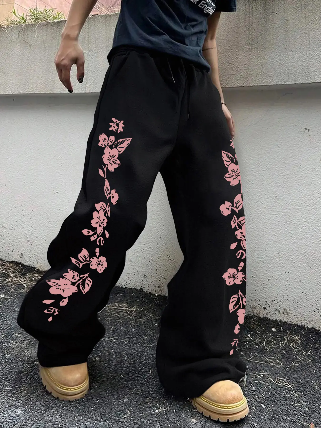 Men's Loose-Fit Long Pants, Cherry Blossom Print Drawstring Wide Leg Sweatpants, Chic Boho Trousers, All-Season Comfortable Men's Clothing, Casual Street Style