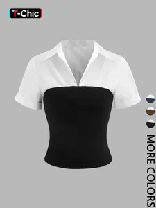 Women's Colorblock Short Sleeve Blouse, Casual Top for Summer, Ladies Clothes for Daily Wear, Everyday Shirts
