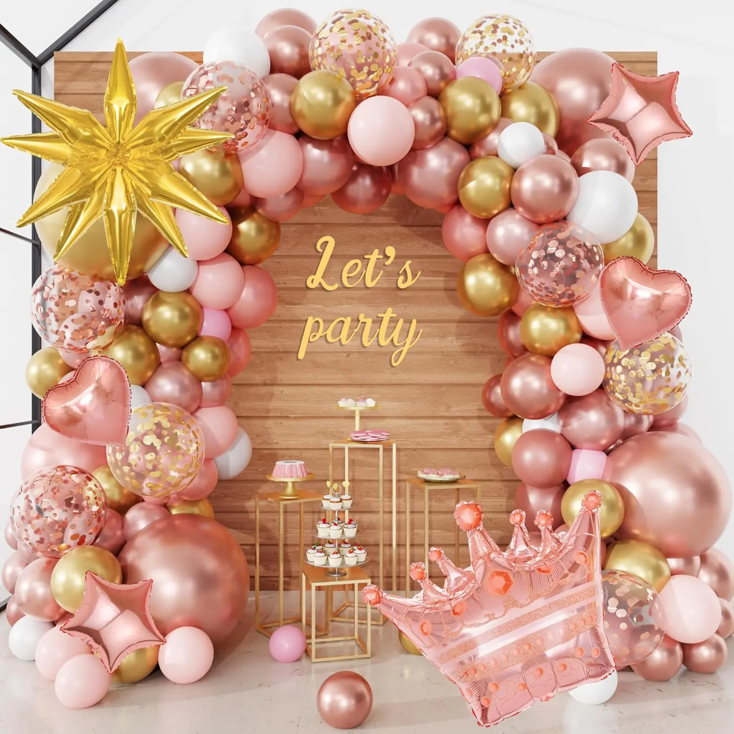 154Pcs Metallic Rose Gold Balloon Arch Garland Kit, Bachelorette Blush Pink & Confetti Balloons with Star-Heart Accents for Women’s Birthday, Wedding Party Decorations, Balloon Arches