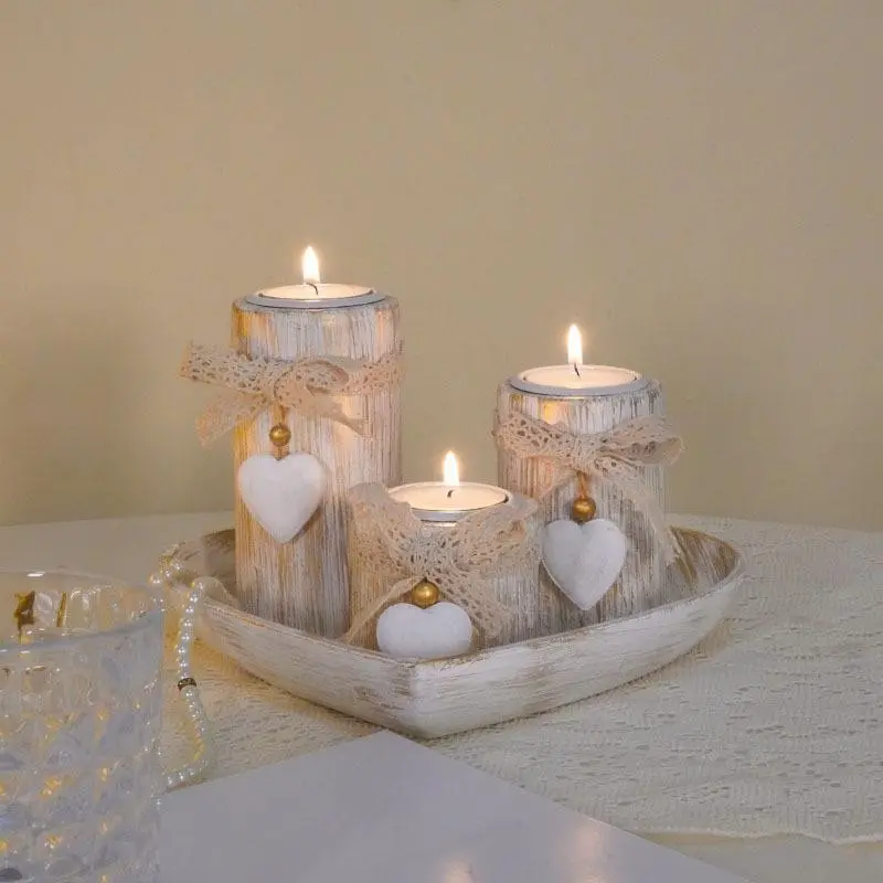 Wooden Heart Tea Light Candle Holder Set, Country Style Round Table Decor, Home Decor, Home Decoration, Candle Stand, Home Accessories, Mother's Day Wedding Party Birthday Valentine's Day Centerpiece