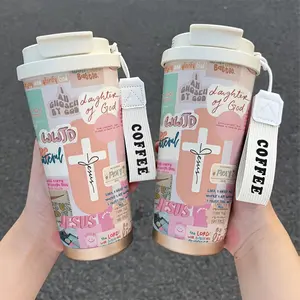 18.92Oz insulated stainless steel coffee cup, featuring an inspirational "prayer" design - double-layer insulation, suitable for both hot and cold beverages, comes with a portable shoulder strap, perfect for the office, travel, Valentine's Day gift, and s