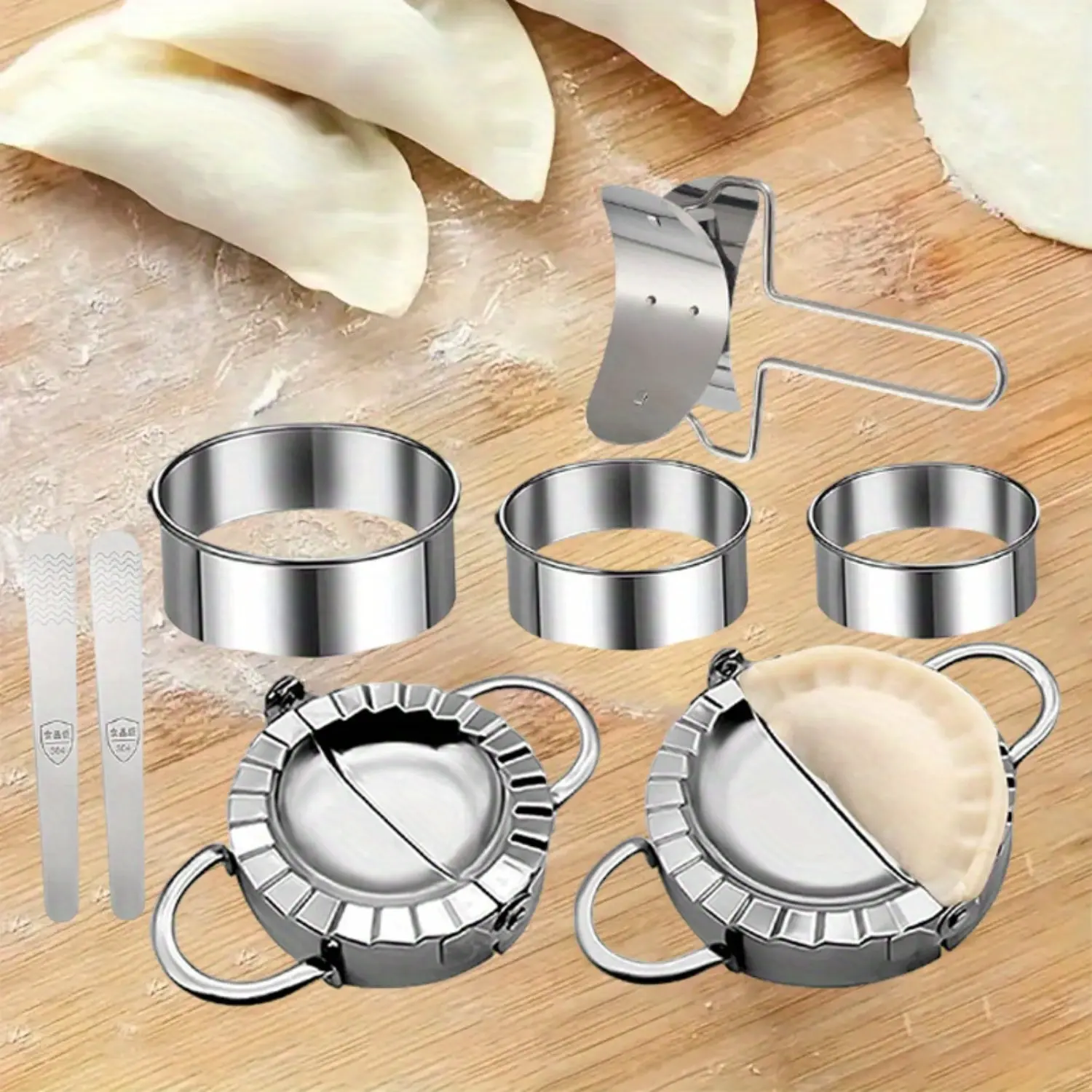 8-Piece Stainless Steel Traditional Dumpling Press Molds & Cutter Set - Round Dumpling Utensils for Dumpling Skin, Empanadas - Home Kitchen Festive Party Supplies Accessories